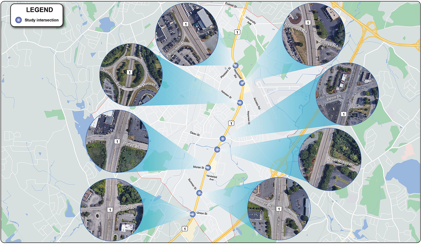 Figure 2
Major Crossing Streets and Intersections
Figure 2 is a map of the study area showing the layouts of the study intersections and crossing streets.
